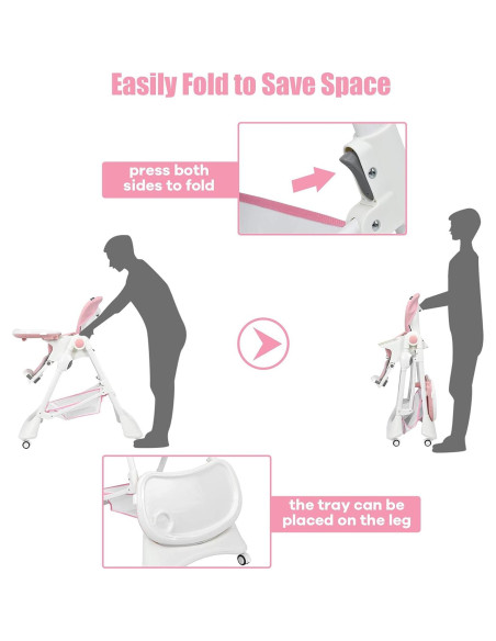 Silla Alta INFANS Plegable Rosa Claro con Bandeja Desmontable