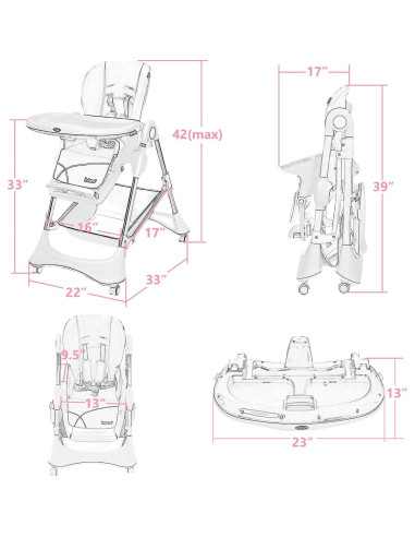 Silla Alta INFANS Plegable Rosa Claro con Bandeja Desmontable
