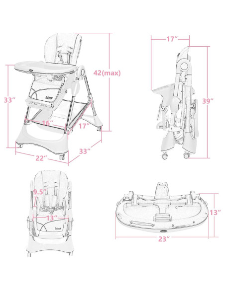 Silla Alta INFANS Plegable Rosa Claro con Bandeja Desmontable