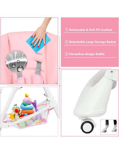 Silla Alta INFANS Plegable Rosa Claro con Bandeja Desmontable