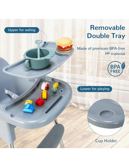 Silla Alta HONEY JOY 4 en 1 para Bebés y Niños - Gris