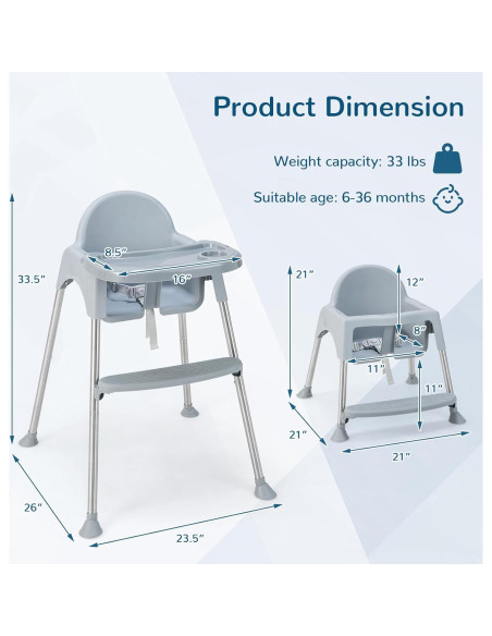 Silla Alta HONEY JOY 4 en 1 para Bebés y Niños - Gris