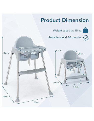Silla Alta HONEY JOY 4 en 1 para Bebés y Niños - Gris