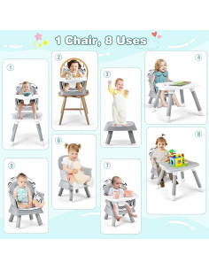 Silla Alta 8 en 1 HONEY JOY para Bebés y Niños - Gris Onda 2