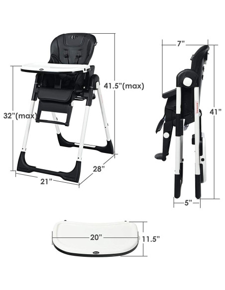 Silla Alta INFANS Plegable para Bebés y Niños - Ajustable, Negro