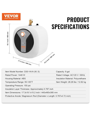 Calentador de Agua Eléctrico VEVOR 30L 1440W con Válvula de Seguridad