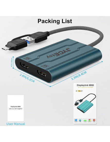 Adaptador USB C a HDMI JYCETSY DL6950 Doble Monitor 4K 60Hz
