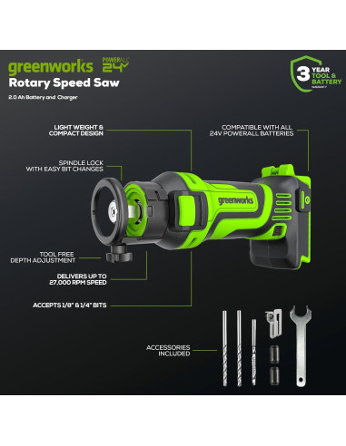 Sierra Rotativa Greenworks 24V 2Ah 27000 RPM con Cargador