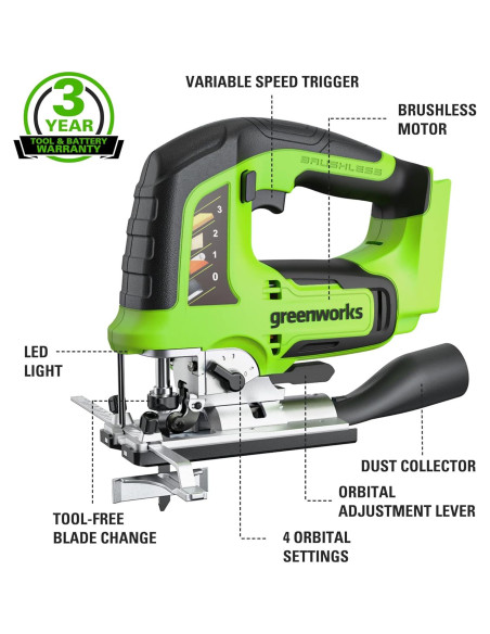 Sierra de calar inalámbrica Greenworks 24V sin escobillas 3,000 SPM