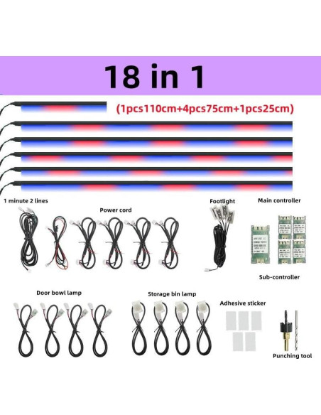 Kit de Luz LED Ambiental AUBEU para Interior de Coche 18 Piezas