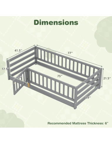 Cama de Suelo Montessori KOMFOTT Twin Madera con Barandas 54.6 cm