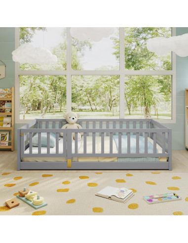 Cama de Suelo Montessori KOMFOTT Twin Madera con Barandas 54.6 cm