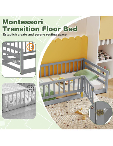 Cama de Suelo Montessori KOMFOTT Twin Madera con Barandas 54.6 cm