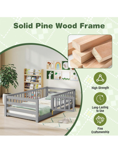 Cama de Suelo Montessori KOMFOTT Twin Madera con Barandas 54.6 cm