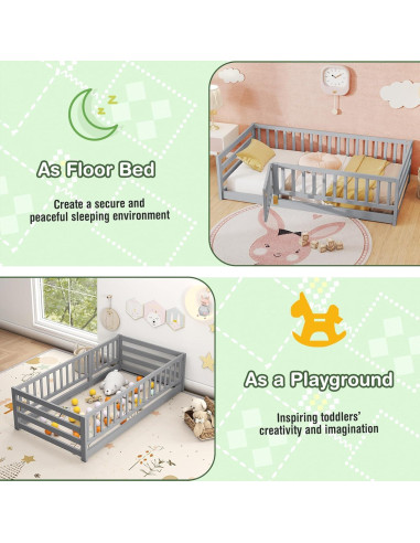 Cama de Suelo Montessori KOMFOTT Twin Madera con Barandas 54.6 cm