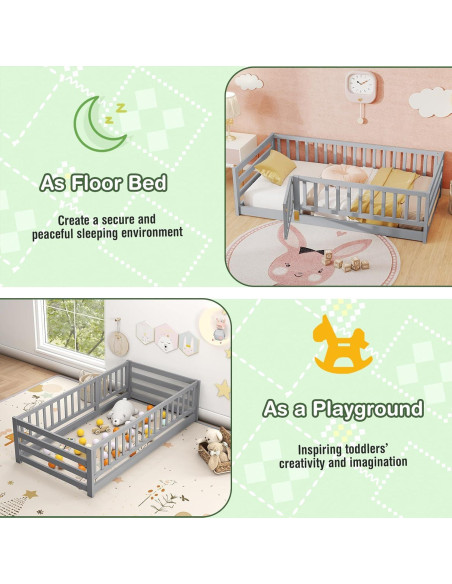 Cama de Suelo Montessori KOMFOTT Twin Madera con Barandas 54.6 cm