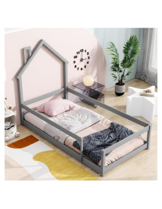 Cama Individual Merax con Cabecera Casa y Barandillas Gris