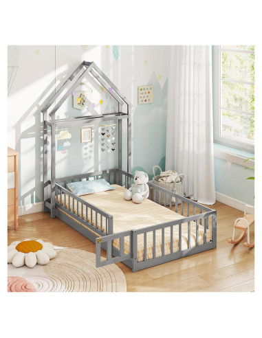 Cama de Piso Doble Montessori Giantex Gris con Cabecera Casa