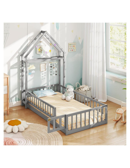 Cama de Piso Doble Montessori Giantex Gris con Cabecera Casa