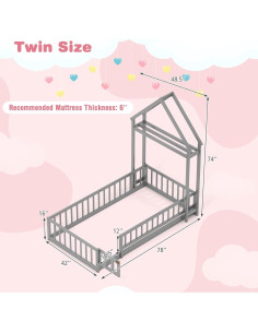 Cama de Piso Doble Montessori Giantex Gris con Cabecera Casa 2