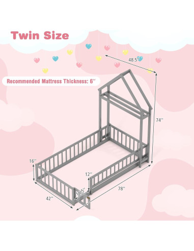 Cama de Piso Doble Montessori Giantex Gris con Cabecera Casa