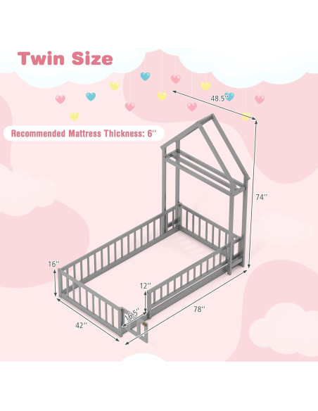 Cama de Piso Doble Montessori Giantex Gris con Cabecera Casa