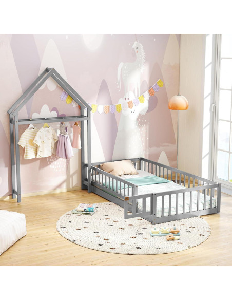 Cama de Piso Doble Montessori Giantex Gris con Cabecera Casa