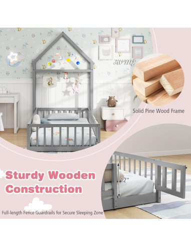 Cama de Piso Doble Montessori Giantex Gris con Cabecera Casa