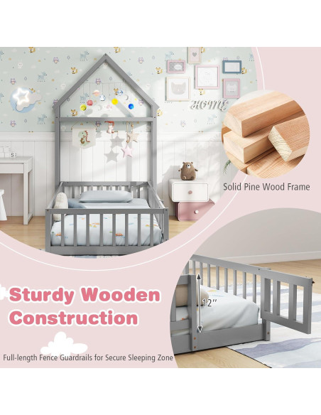 Cama de Piso Doble Montessori Giantex Gris con Cabecera Casa