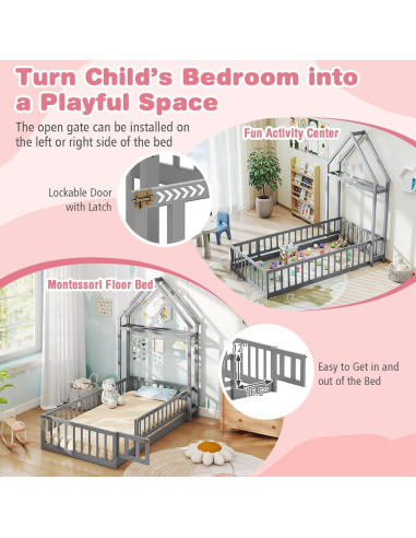 Cama de Piso Doble Montessori Giantex Gris con Cabecera Casa