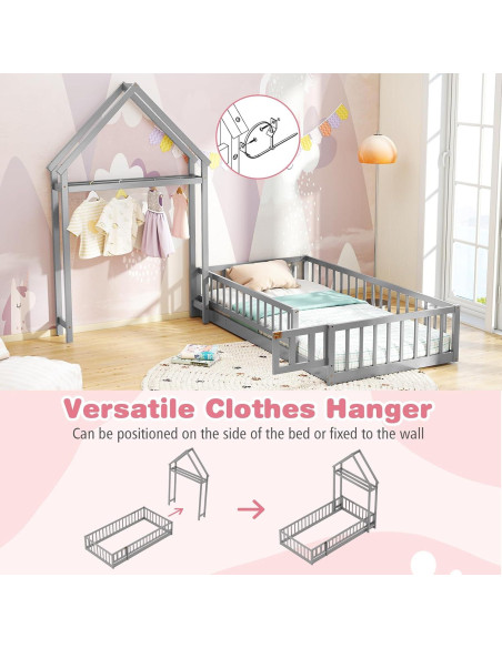 Cama de Piso Doble Montessori Giantex Gris con Cabecera Casa