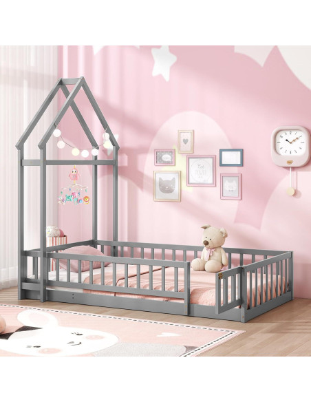 Cama de Piso Doble Montessori Giantex Gris con Cabecera Casa