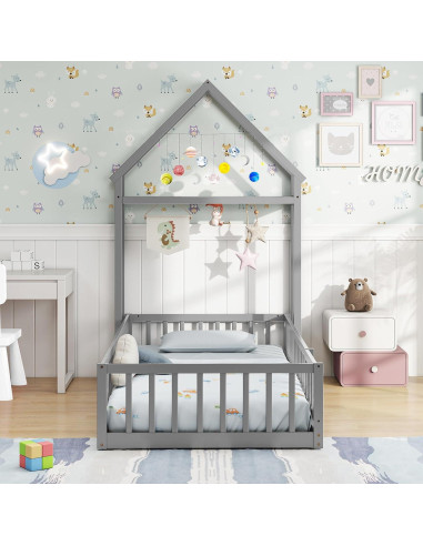 Cama de Piso Doble Montessori Giantex Gris con Cabecera Casa