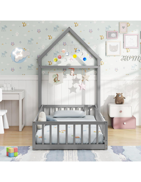 Cama de Piso Doble Montessori Giantex Gris con Cabecera Casa