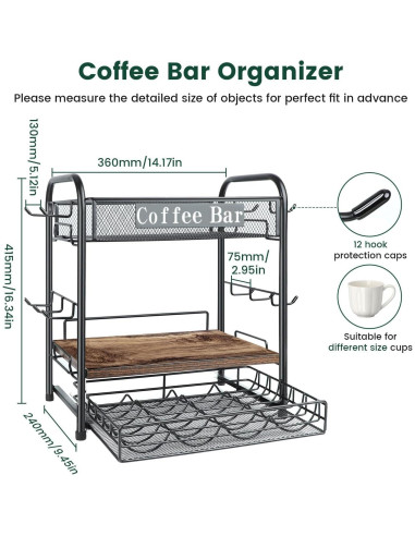 Organizador de Bar de Café Seaflash con 3 Niveles y Ganchos