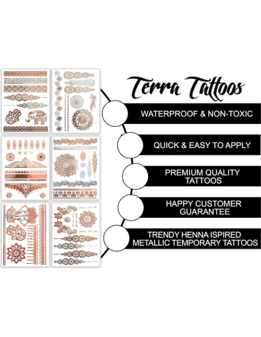 Tatuajes Temporales Henna Oro Rosa Terra - 75+ Diseños Impermeables
