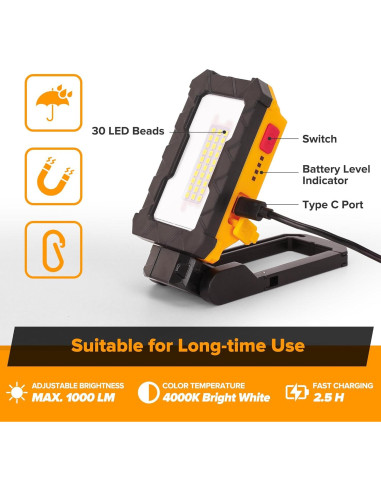 LUTEC Luz de Trabajo Recargable 1000 Lúmenes LED Magnética