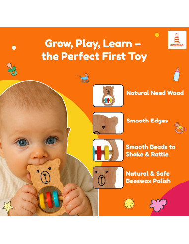 Sonajero y Mordedor de Madera Shumee Oso para Bebés 0-6 Meses