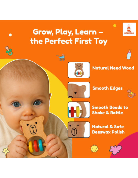 Sonajero y Mordedor de Madera Shumee Oso para Bebés 0-6 Meses