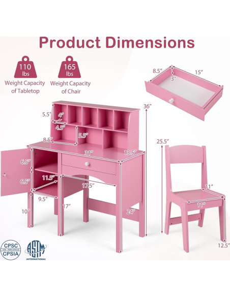 Conjunto de Escritorio y Silla para Niños Costzon Rosa