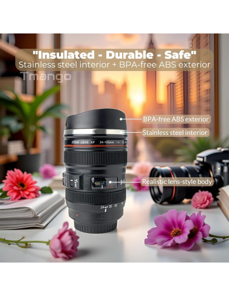 Taza de Lente de Cámara TMANGO 400ml con Tapa Deslizante