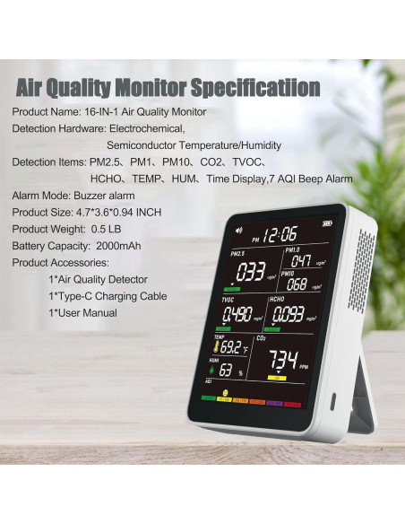 Monitor de Calidad del Aire AirWhisper 16 en 1 Portátil Blanco