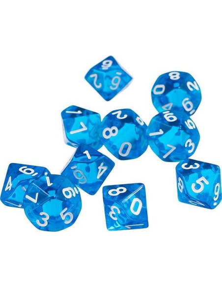 10 Dados Poliedricos D10 Acrílico 16mm Azul Transparente