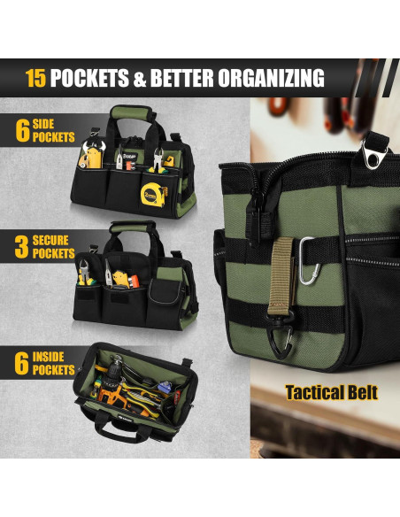 Bolsa de Herramientas UUP 12" Verde, 15 Bolsillos Resistente