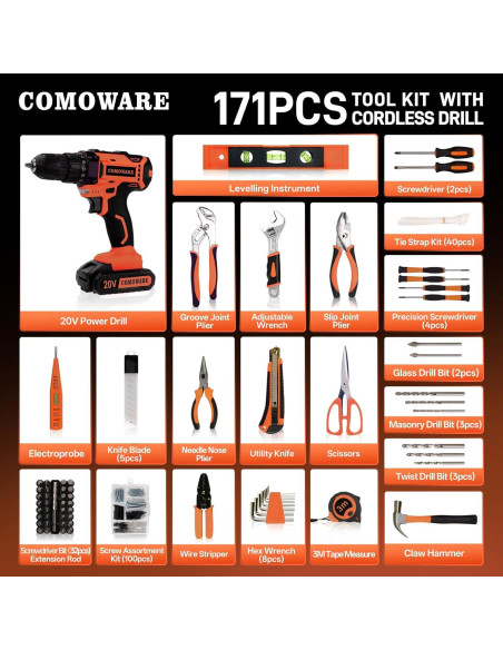 Juego de Taladro Inalámbrico 20V COMOWARE 171 Piezas