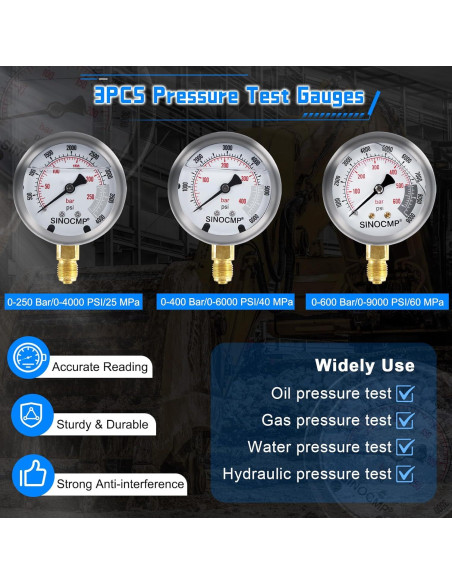 Kit de Manómetros de Presión Hidráulica SINOCMP 3 Manómetros 150 cm