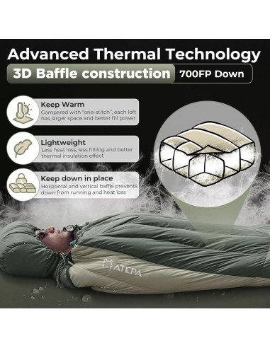 Saco de dormir ATEPA XL 0C plumas ganso momia camping