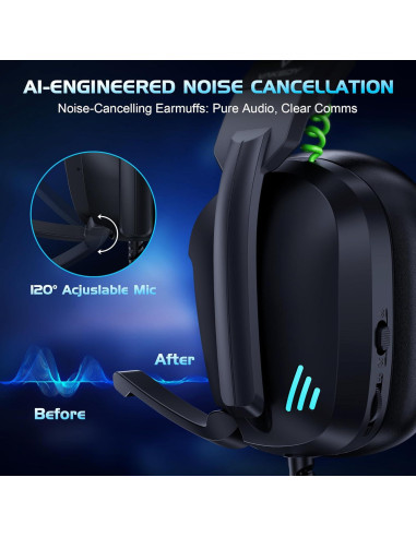 Auriculares Gaming con Cable HW11 - Negro, Cancelación de Ruido