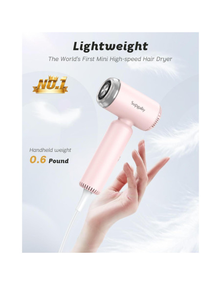 Secador de Pelo SUPGALIY Mini 1500W Iónico Portátil Rosa