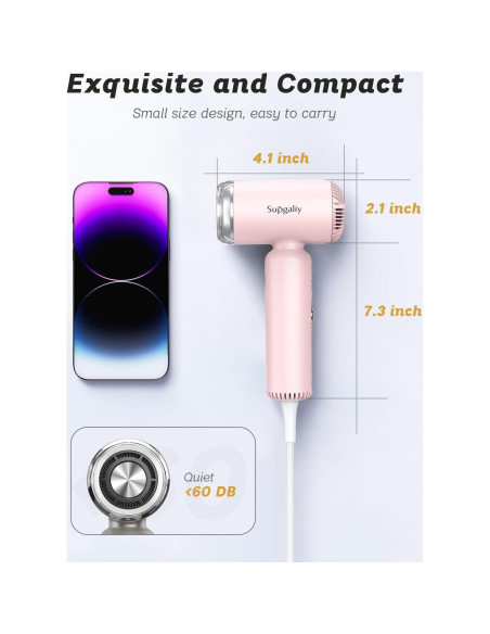Secador de Pelo SUPGALIY Mini 1500W Iónico Portátil Rosa